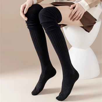 Женские вязаные чулки до бедра, однотонные носки выше колена, мягкая теплая грелка для ног, женские длинные носки