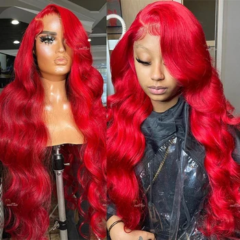 13X4 Красные HD Кружевные Фронтальные Парики из человеческих волос Красного цвета, Объемная волна, Кружевной Фронтальный Парик, Бордовый, Бразильские Парики из волос для женщин, предварительно выщипанные