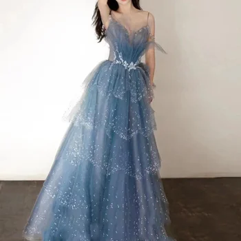2023 Блестящие платья для выпускного вечера с 3D Цветами и пайетками, Пыльно-голубая Многослойная юбка из тюля на бретельках, Длинное вечернее платье в виде сердечка