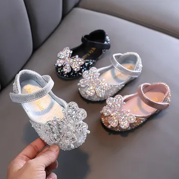 2023 Детская обувь Обувь принцессы для девочек, Блестящая Бабочка, Детская Танцевальная Кожаная обувь для малышей, повседневная обувь для вечеринок с жемчугом для малышей, балетки для вечеринок