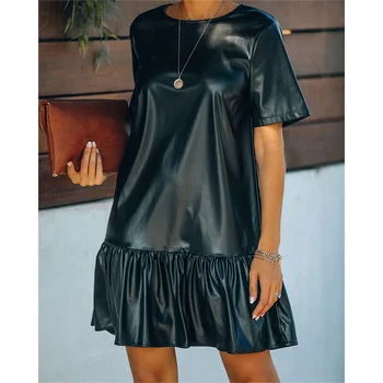 2023 Женское черное платье из искусственной кожи с коротким рукавом, свободные Элегантные мини-платья с рюшами, Модная офисная женская одежда Vestidos