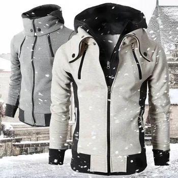 2023 Мужские куртки на молнии, осенне-зимние повседневные флисовые пальто, куртка-бомбер с шарфовым воротником, Модная мужская верхняя одежда с капюшоном, Приталенный капюшон