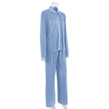 2023 Новая популярная женская весенне-осенняя однобортная рубашка Поло с воротником-стойкой и длинным рукавом, комплект из двух предметов, Удобная Свободная плиссированная