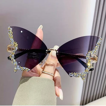 2023 Новые Роскошные Солнцезащитные очки Diamond Butterfly Женского бренда y2k Винтажные Солнцезащитные очки без оправы Большого размера Женские очки gafas de sol
