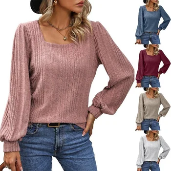 2023, Осенне-зимняя женская одежда в полоску с квадратным вырезом, Модный однотонный топ с длинным рукавом-фонариком, пуловер для поездок на работу
