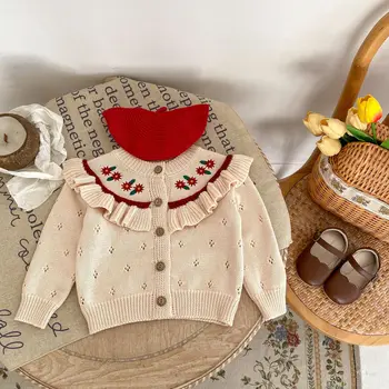 2023 Осенний свитер для малышей Для маленьких девочек с воротником-лотосом, вышитый вязаный кардиган, пальто, хлопковая куртка для детей от 0 до 3 лет, топы