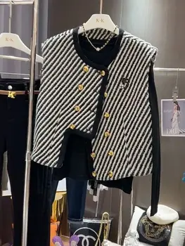 2023 Осень Новый жилет Женская Верхняя одежда Чувство дизайна Двубортный полосатый короткий жилет Пальто