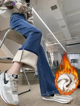 2023 Флисовые расклешенные джинсовые брюки Wwarm, женские Винтажные Джинсовые джинсы, Женские Сексуальные брюки-стрейч в Корейском стиле, уличная одежда