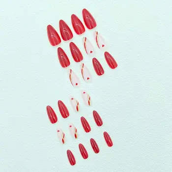 24шт Французский маникюр с полным покрытием, накладные ногти в красно-золотую полоску, длинные миндалевидные накладные ногти Love