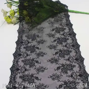 28 ярдов 22 см Черная сетка с цветочной вышивкой, кружевной тюль, Вышитая кружевная отделка, полиэфирная кружевная ткань для женщин Lingrerie