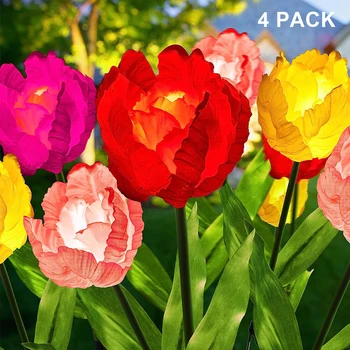 4 комплекта солнечных наружных садовых светильников Цветок тюльпана, большие фонари, водонепроницаемые светодиодные фонари для газона, наружные для украшения садовой дорожки
