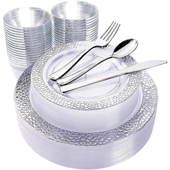 60 Шт одноразовой посуды 7,5 дюйма и 10,25 дюйма Пластиковая тарелка с серебряным кружевом, Пластиковые столовые приборы, Пластиковый стаканчик, принадлежности для свадебной вечеринки