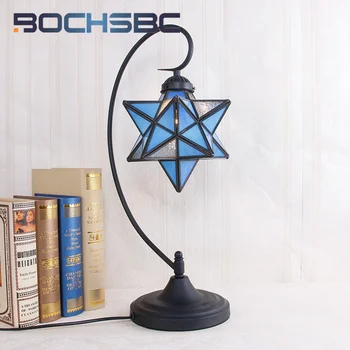 BOCHSBC Настольная лампа с витражным стеклом Тиффани, Синяя пятиконечная звезда, ночник в стиле арт-деко, ресторан отеля, проживание в семье, спальня