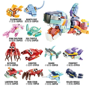 Creative Expert Мини-модель океанских животных Строительный блок12 В 1 Акула, осьминог, краб, кирпичи, развивающие игрушки, подарок на день рождения для детей