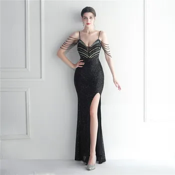 DSP Женское сексуальное вечернее платье с глубоким V образным вырезом и разрезом на длинном ремешке, вечернее платье для выпускного вечера