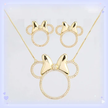 Disney Mickey bow hollow Cute Solid jewelry Set благородная мода элегантные женщины блестящее бриллиантовое ожерелье серьги кольцо Рождественский подарок