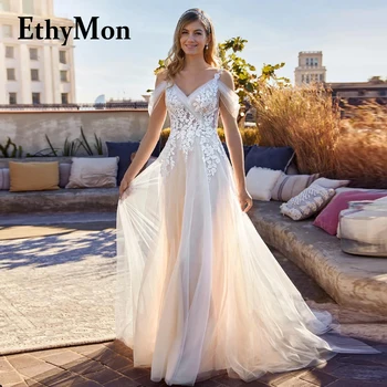 Ethymon Современные красивые свадебные платья на пуговицах с V-образным вырезом 2023, платье невесты без рукавов с открытой спиной, Индивидуальная складка