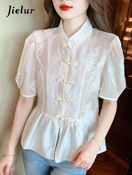 Jielur Новая Женская кружевная рубашка со стоячим вырезом, летние Китайские Ветровые оборки, женский топ, модные приталенные блузки в стиле Ретро с коротким рукавом