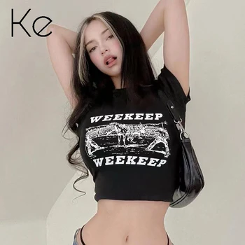 KE 2023, новая женская футболка с модным принтом в европейском и американском стиле с короткими рукавами, женский короткий топ с узким низом до пупка