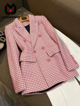 LUXE & ENVY Slim Fit, модное розовое шерстяное пальто в клетку средней длины, осень 2023 г.