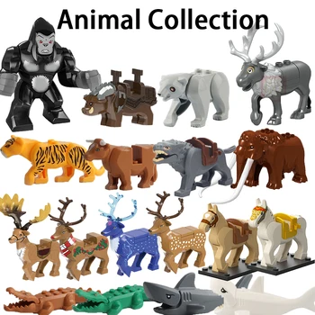 MOC Animal Кирпичный зоопарк, ферма в джунглях, Акула, Крокодил, Лошадь, Олень, Волк, Корова, Тигр, слон, совместимые строительные блоки, игрушки для детей