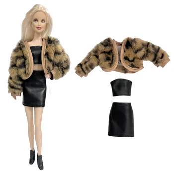 NK 1 комплект кукольного костюма для послеобеденного чаепития: пальто + черный топ + юбка из искусственной кожи для куклы Барби 1/6 Игрушки Подарок на день рождения
