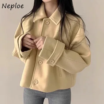 Neploe 2023 Осенние куртки с отворотом, Женская Корейская шикарная однобортная куртка Y2k, Свободные шерстяные пальто с длинным рукавом Mujer