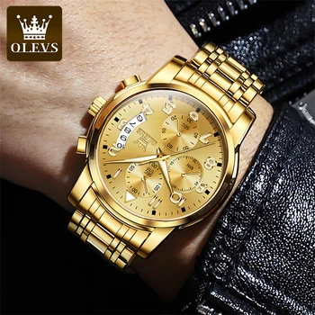 OLEVS 2879 Многофункциональные кварцевые мужские часы с ремешком из нержавеющей стали, спортивные водонепроницаемые мужские наручные часы со светящимся хронографом