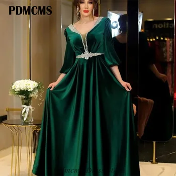 PDMCMS Вечерние платья для официальных мероприятий Дубайское вечернее платье из зеленого бархата С длинными рукавами и V-образным вырезом Длиной до пола, расшитое бисером Арабское платье для выпускного вечера