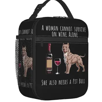 Pit Bull Wine Funny Dog bolsa de almuerzo aislada para mujer, bolsa térmica portátil para amantes de los cachorros, bolsa de alm