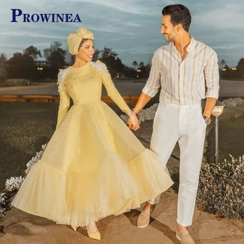 Prowinea, сверкающее платье с круглым вырезом и длинным рукавом, Очаровательное роскошное платье знаменитостей, вечернее платье, Фатиновая атласная складка, трапециевидное платье De Gala, персонализированное