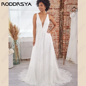 RODDRSYA/ Сексуальные Свадебные платья с V-образным вырезом и открытой спиной Для женщин, романтическое платье для невесты с жемчугом из тюля, Трапециевидное платье без рукавов De Noiva