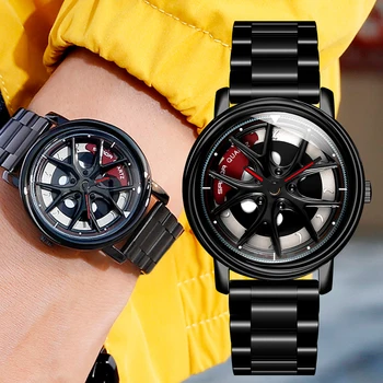 SANDA Лидер продаж, кварцевые мужские часы из нержавеющей стали премиум-класса, кварцевый механизм, автомобильный обод, вращающийся циферблат в форме колеса Relogio Masculino