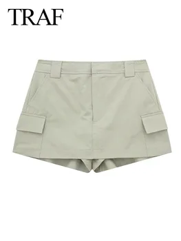 TRAF 2023, женская уличная одежда, короткие брюки, однотонная высокая талия, множество карманов на молнии, женские модные летние повседневные брюки-кюлоты