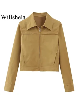 Willshela/ Женские модные укороченные куртки цвета хаки с застежкой-молнией спереди, винтажный вырез с лацканами и длинными рукавами, шикарная женская одежда