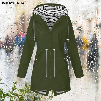 Women Solid Stripe Rain Jacket Outdoor Plus Waterproof Hooded Raincoat Windproof Куртки Осенние Женские Chaqueta Mujer Пальто