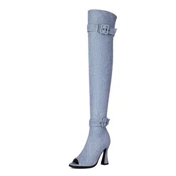 (YYDD) Осенние Модные джинсовые парусиновые сапоги выше колена с открытым носком на очень высоком каблуке, женские ботинки для вечеринки в ночном клубе, Большие размеры 33-46