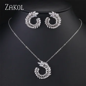 ZAKOL Fashion Leaf AAA, свадебные комплекты ювелирных изделий из циркона для женщин, подарок для вечеринки, серьги с кристаллами серебристого цвета, ожерелье Оптом
