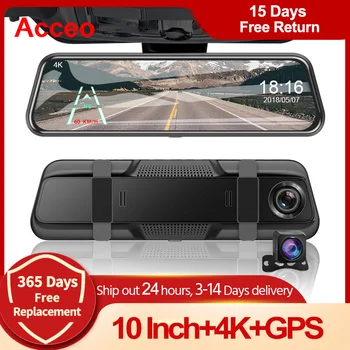Автомобильный видеорегистратор ACCEO 4K Dash Cam, 10-дюймовое сенсорное зеркало, видеорегистратор, поддержка регистратора, камера заднего вида 1080P, Черный ящик для автомобиля