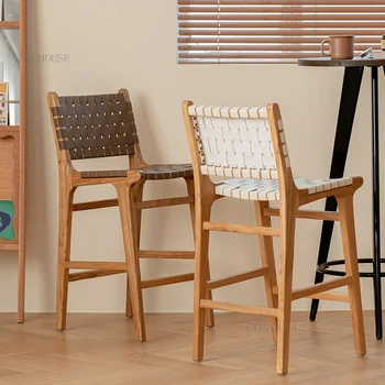 Барные стулья из массива дерева в японском стиле Кухонные Простые Барные стулья роскошного плетения Креативные вставки Высокий стул со спинкой Барный стул B