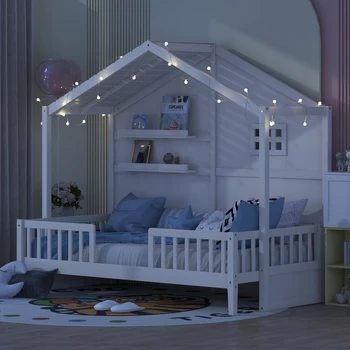 Белая двуспальная кровать для дома с полками, кровать для дома с окном и искрящейся световой полосой на крыше, для мебели для спальни в помещении