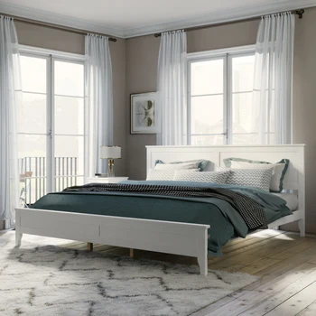 Белая современная двуспальная кровать-платформа из массива дерева, легко монтируемая Для внутренней мебели спальни