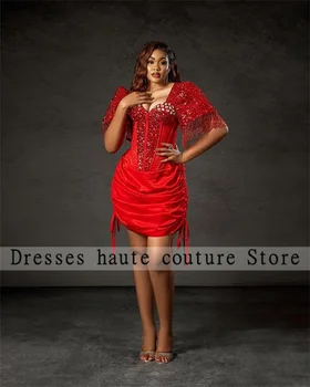 Блестящее Красное мини-коктейльное платье 2023 года с хрустальными кисточками Короткое платье Русалки для выпускного вечера Для чернокожих девочек, украшенное бисером для вечеринки по случаю Дня рождения