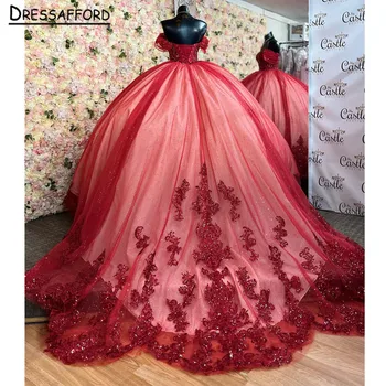 Блестящие красные пышные платья в виде сердца 2023 Принцесса Кружева блестки Пышная вечеринка Sweet 15 Бальное платье