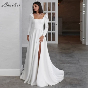 Более элегантные свадебные платья из атласа с квадратным вырезом, длиной до пола, длинными рукавами, без спинки, с высоким разрезом.