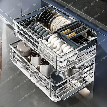 Выдвижная корзина Кухонный шкафчик для приправ Двухслойный Выдвижной ящик из нержавеющей стали, Подставка для посуды, Домик для хранения посуды, Подставка для посуды