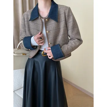 Высококачественная короткая женская куртка в корейскую клетку, пальто из твида, женские топы Sense