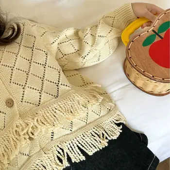 Вязаный кардиган для девочки, Осень 2023, Новый свитер с вырезом в корейском стиле для девочки в западном стиле