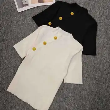 Вязаный тонкий топ с короткими рукавами, женская летняя новинка 2023, приталенная футболка с золотыми пуговицами