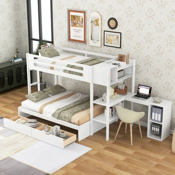 Деревянная двухъярусная кровать с выдвижными ящиками, полками, шкафчиками, Г-образным письменным столом и держателем для журналов